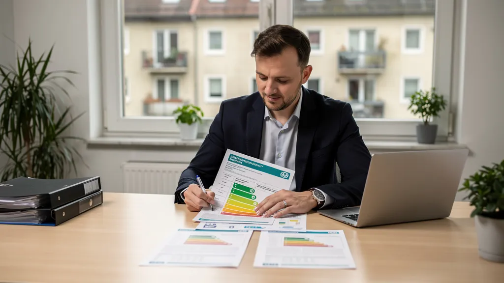 ESG EU-Taxonomie Immobilien: Verwalterin prüft Energieausweis und Verbrauchsdaten eines Wohngebäudes