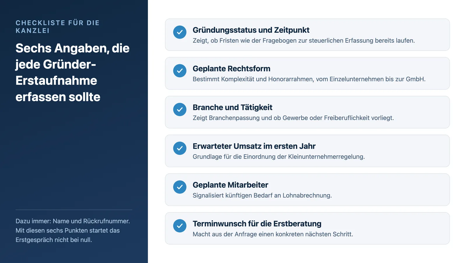 Checkliste: Sechs Angaben für den Erstkontakt beim Anruf eines Existenzgründers in der Steuerkanzlei