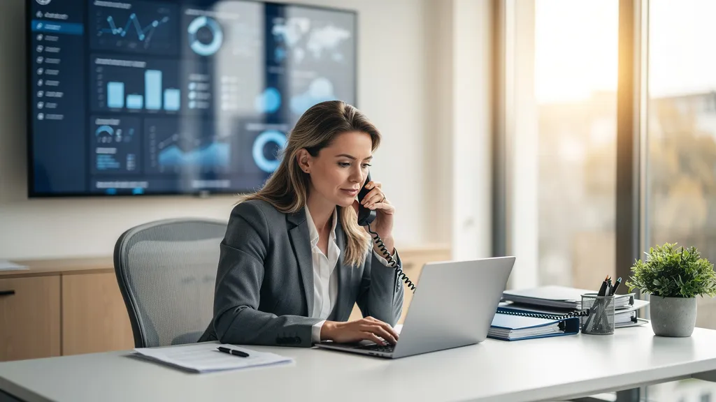Digitalisierung Versicherungsagentur Telefonkanal: Beraterin im modernen Büro am Telefon mit digitalen Systemen