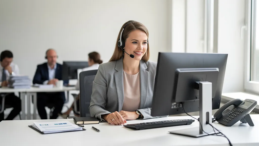 Mitarbeiterin einer Versicherungsagentur am Telefon im hellen Büro, während ein KI-Telefonbot Standardfragen abfängt