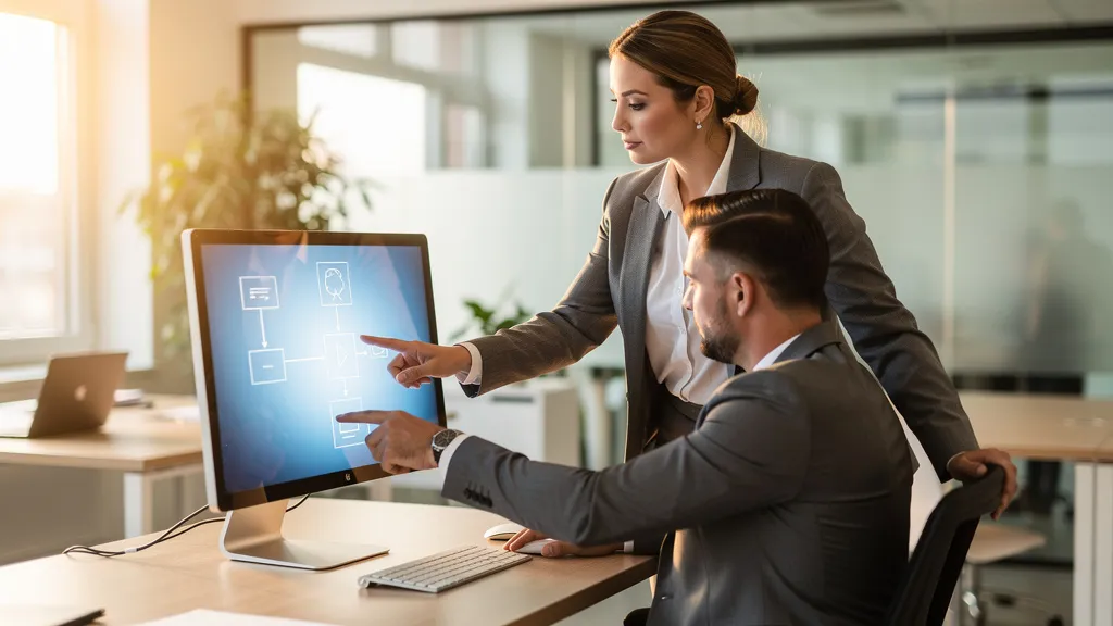 Führungskraft und Mitarbeiter zeigen gemeinsam auf einen Monitor mit KI-Workflow-Diagramm: Mensch steuert KI-Agenten im Büro