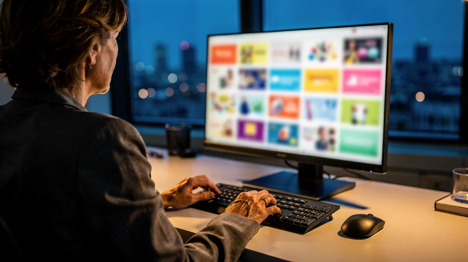 Marketingverantwortliche prüft am Bildschirm ein Raster KI-generierter Anzeigenvarianten im abendlichen Büro
