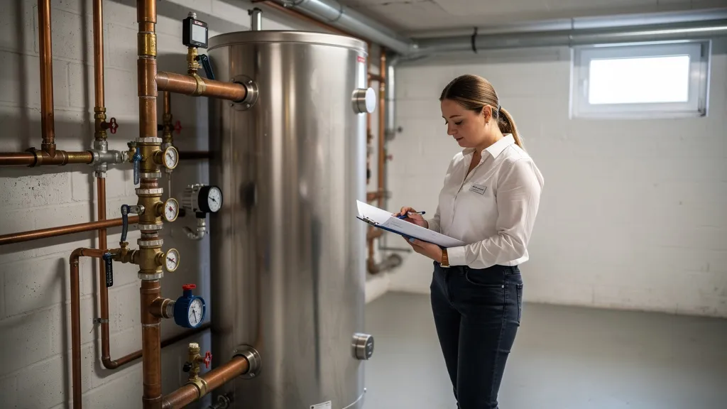 Legionellenprüfung Hausverwaltung: Verwalterin prüft Dokumentation an Trinkwasseranlage im Keller eines Wohngebäudes
