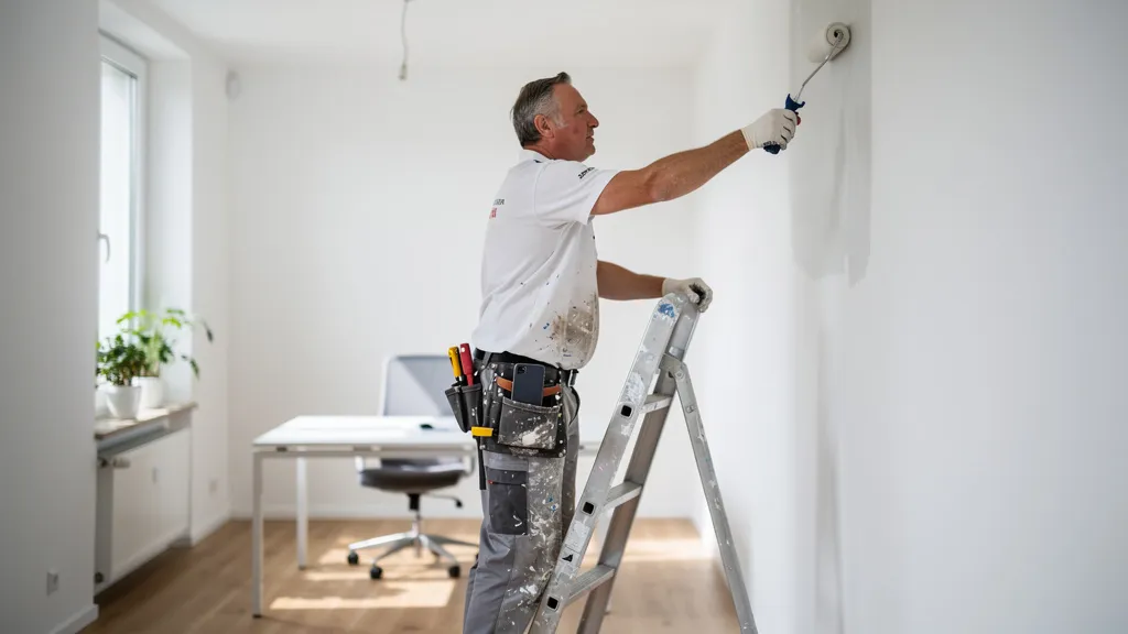 Handwerksmeister auf der Baustelle, im Hintergrund nimmt KI im Handwerk Anrufe und Büroarbeit ab