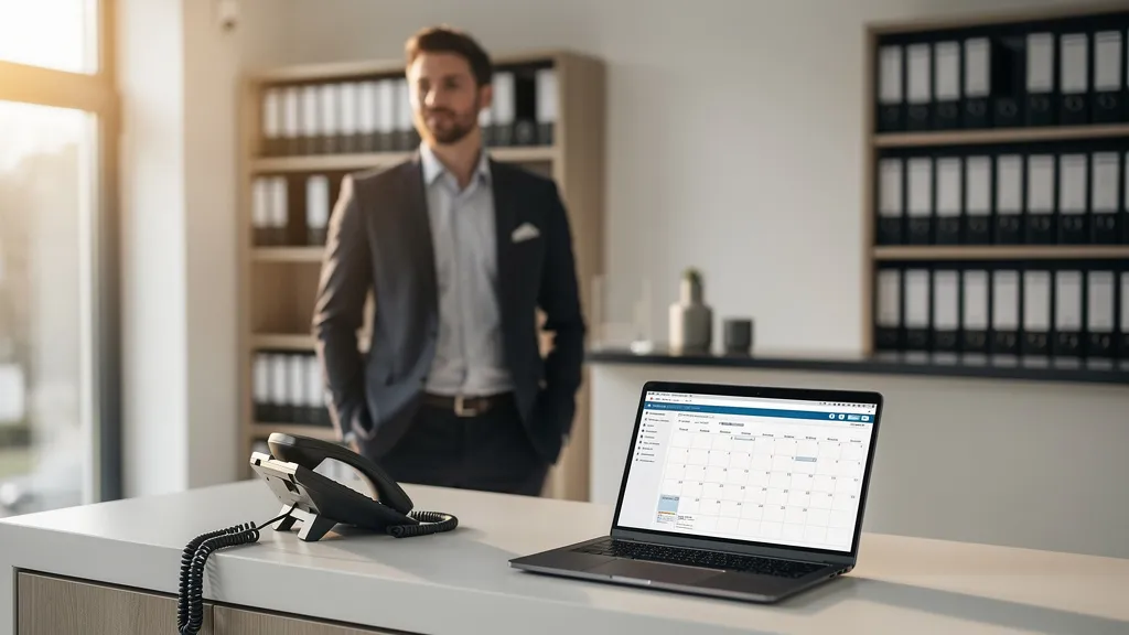 Steuerberater am Empfang einer Kanzlei beim Automatisieren der Terminvereinbarung in der Steuerkanzlei per Telefon