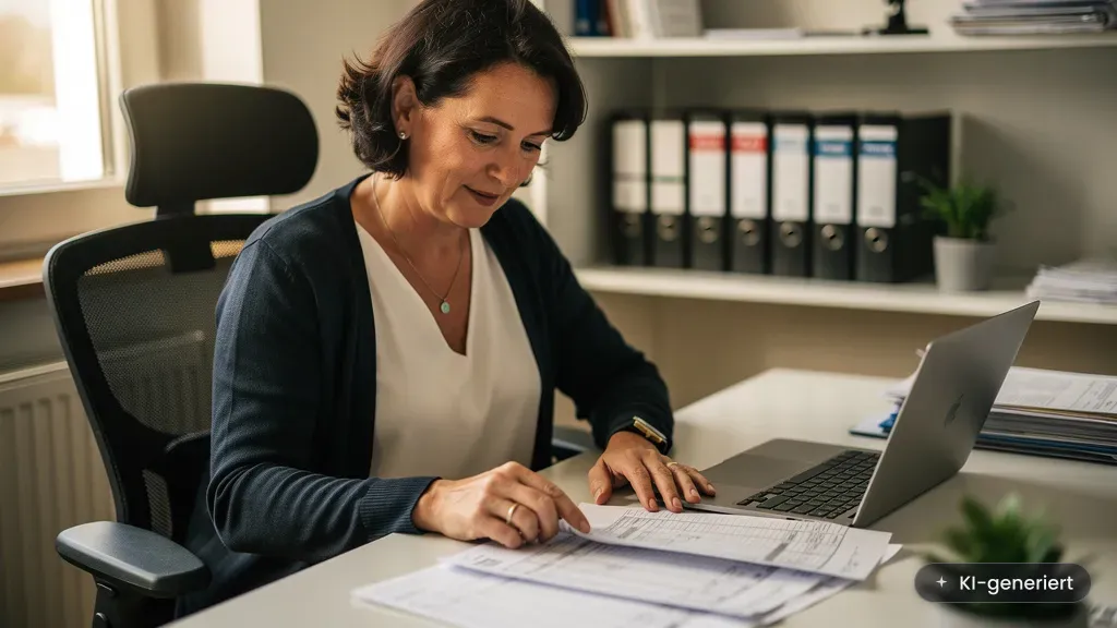 Welche Jobs ersetzt KI: Buchhalterin prüft Belege am Schreibtisch neben Laptop im Büro (KI-generiertes Bild)