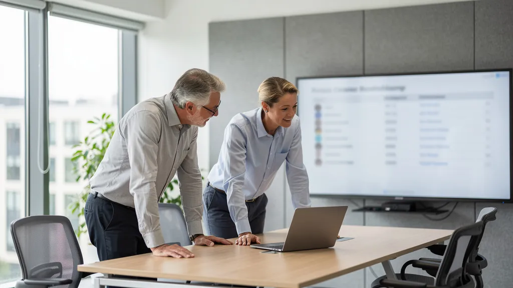 Vertriebsteam analysiert Predictive Analytics Dashboard mit Lead-Scores und Umsatzprognose im Büro eines Mittelständlers