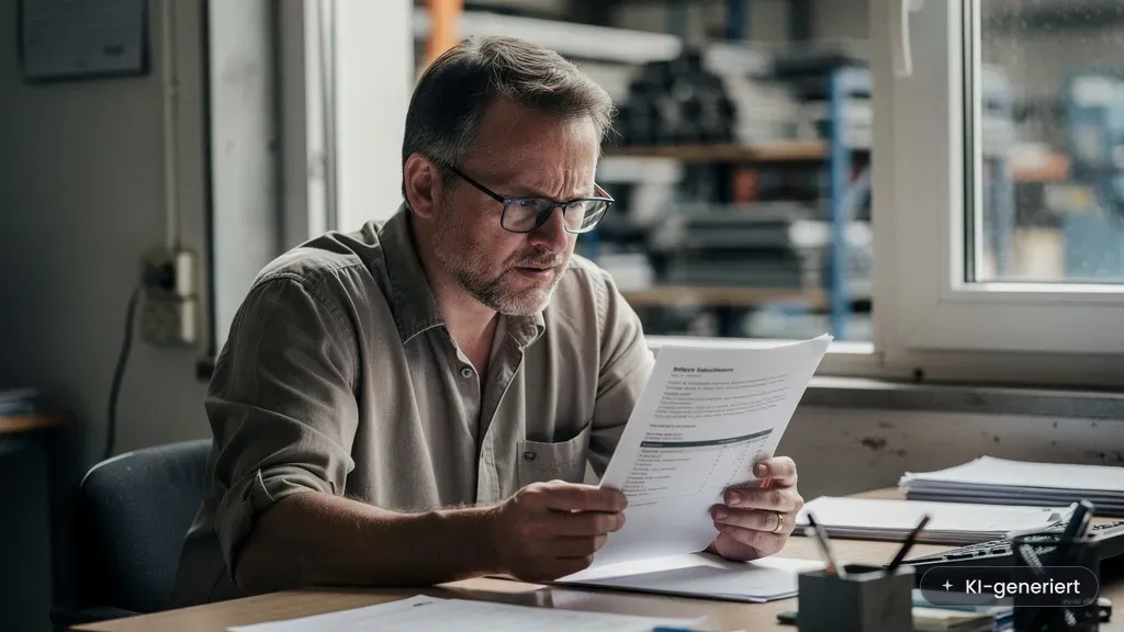 ERP System Mittelstand: Geschäftsführer prüft ERP-Angebot im Betrieb (KI-generiertes Bild)