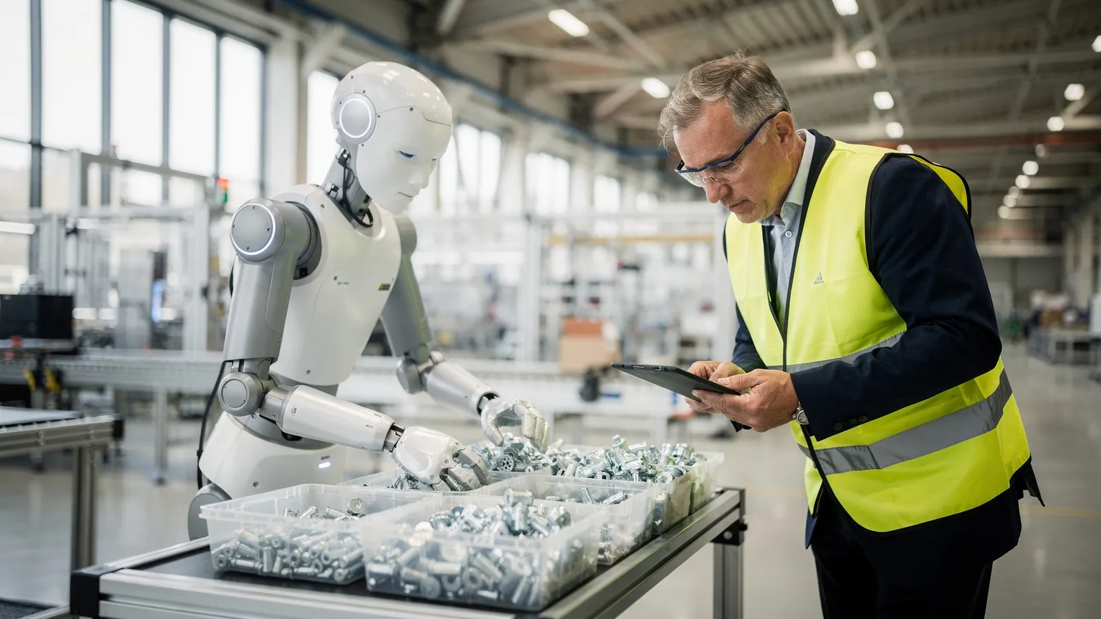 Physical AI in der Praxis: humanoider Roboter sortiert Bauteile in einer Fabrik neben einem Werksleiter