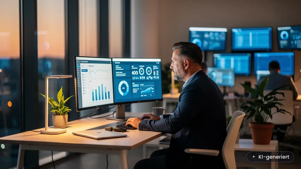 KI-geführtes Unternehmen: Geschäftsführer prüft Analyse-Dashboards im modernen Mittelstandsbüro (KI-generiertes Bild)