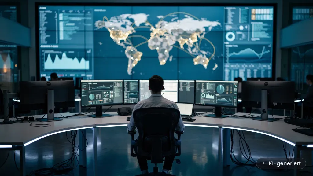 Cybersicherheit KI: Fachmann überwacht Bedrohungslage im Security Operations Center eines Unternehmens (KI-generiertes Bild)