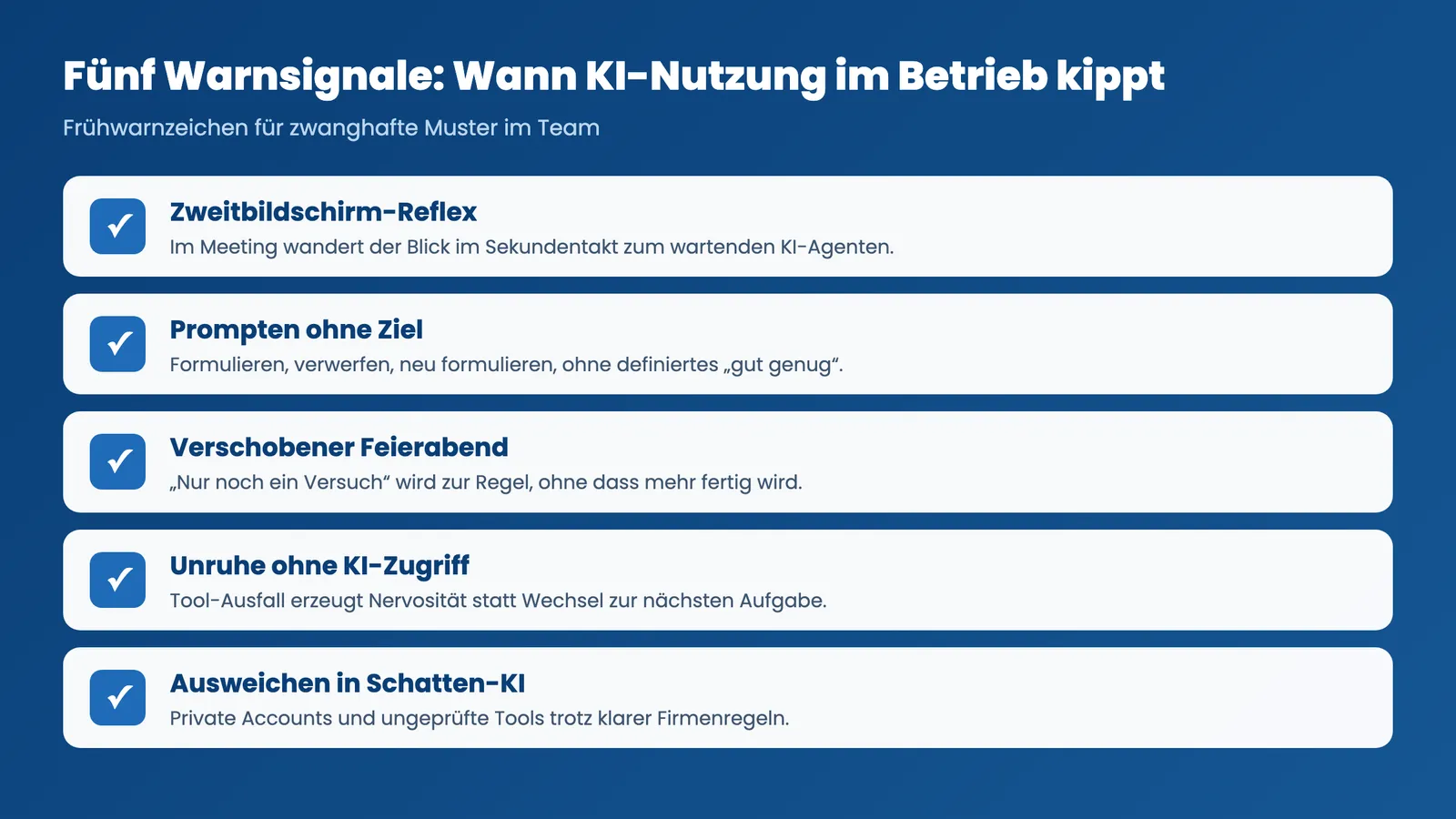 Macht KI süchtig: Checkliste mit fünf Warnsignalen für KI-Abhängigkeit im Betrieb