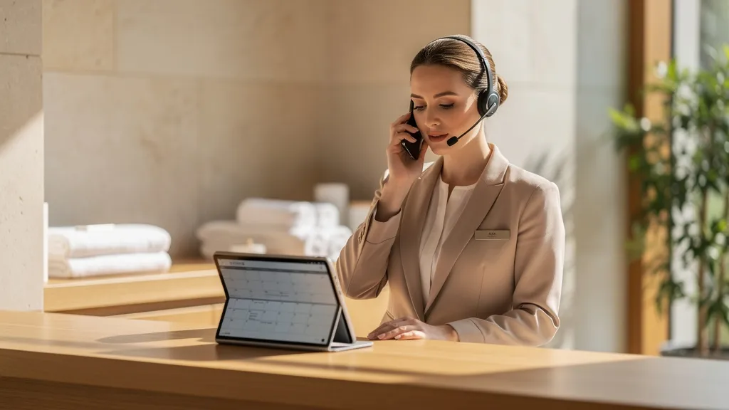 Empfangsmitarbeiterin im Wellnesshotel nimmt einen Spa-Wellness-Termin am Telefon entgegen, im Hintergrund der Spa-Bereich