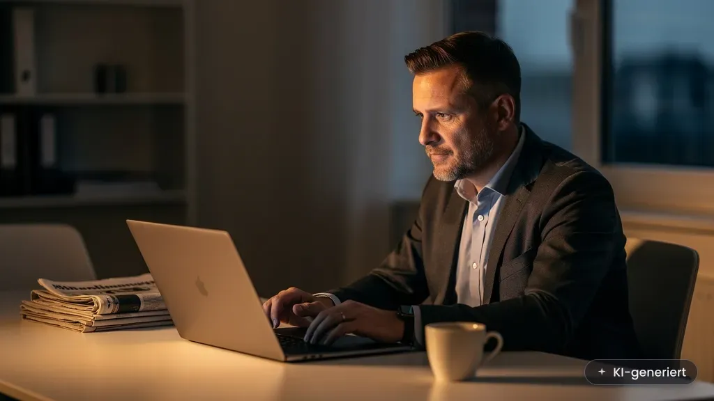Superintelligenz Gefahr: KMU-Unternehmer wägt am Laptop Chancen und Risiken von KI ab (KI-generiertes Bild)