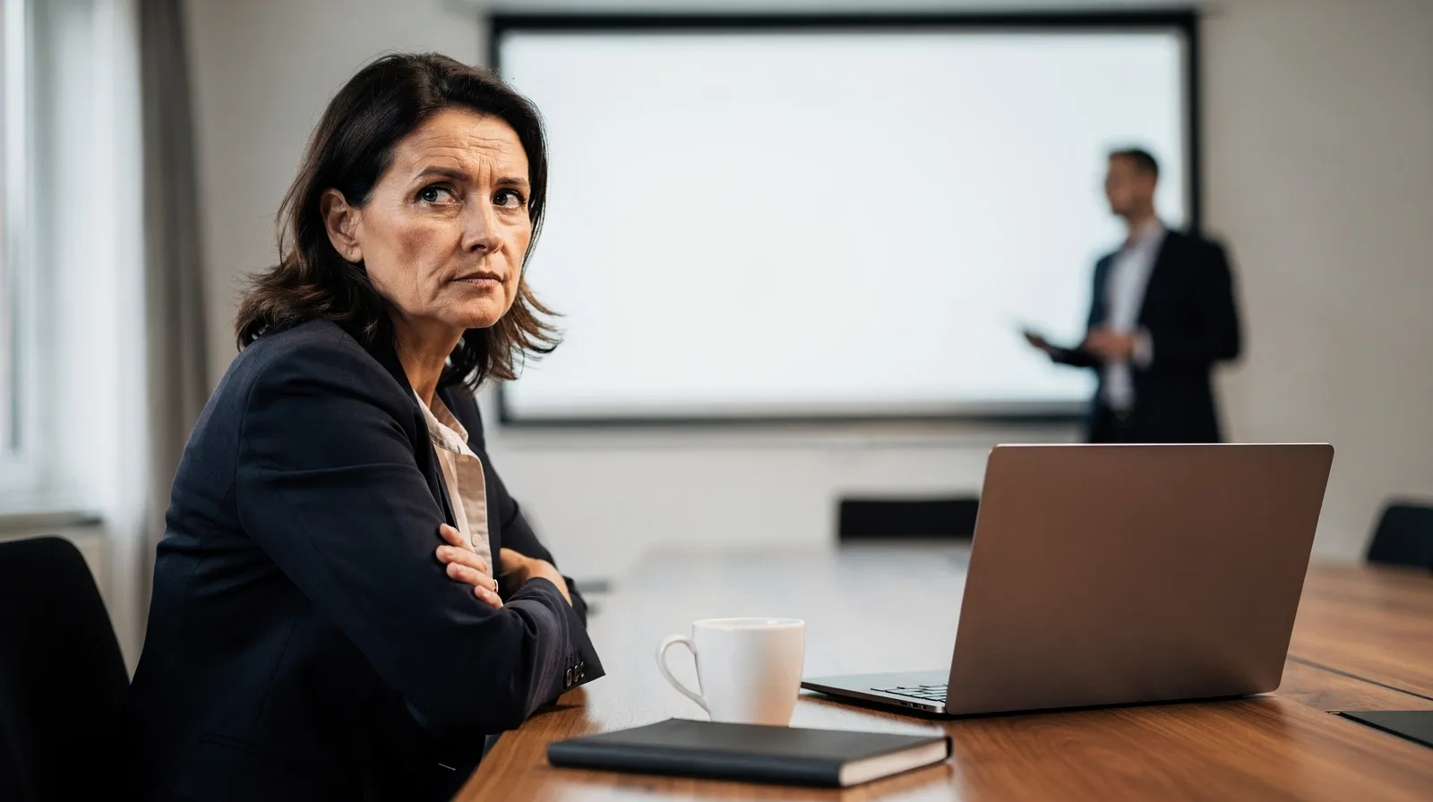 KI-Tool auswählen: skeptische Geschäftsführerin prüft Anbieter-Präsentation im Besprechungsraum