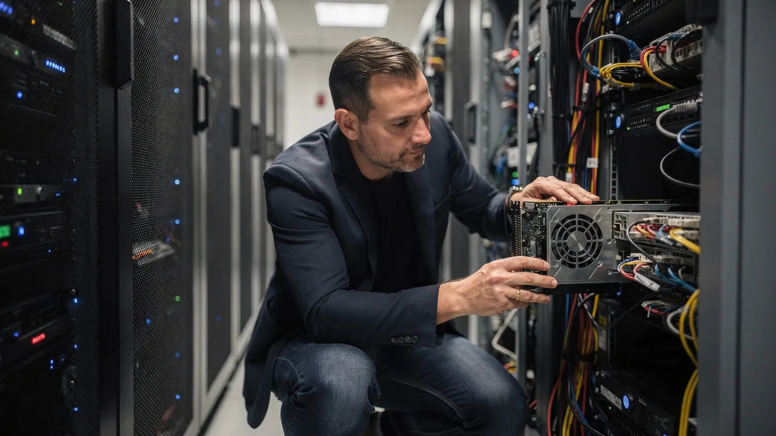 Open Source KI selbst hosten: IT-Leiter prüft GPU-Server im Rechenzentrum eines Mittelständlers