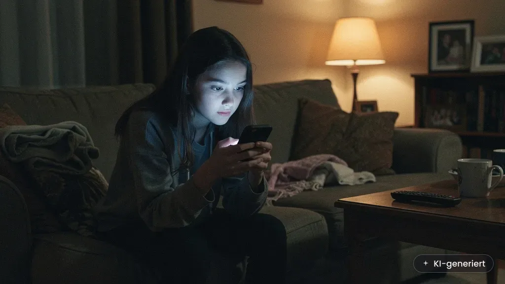 KI-Companion im Alltag: Jugendliche chattet abends auf dem Sofa mit ihrem digitalen Begleiter (KI-generiertes Bild)