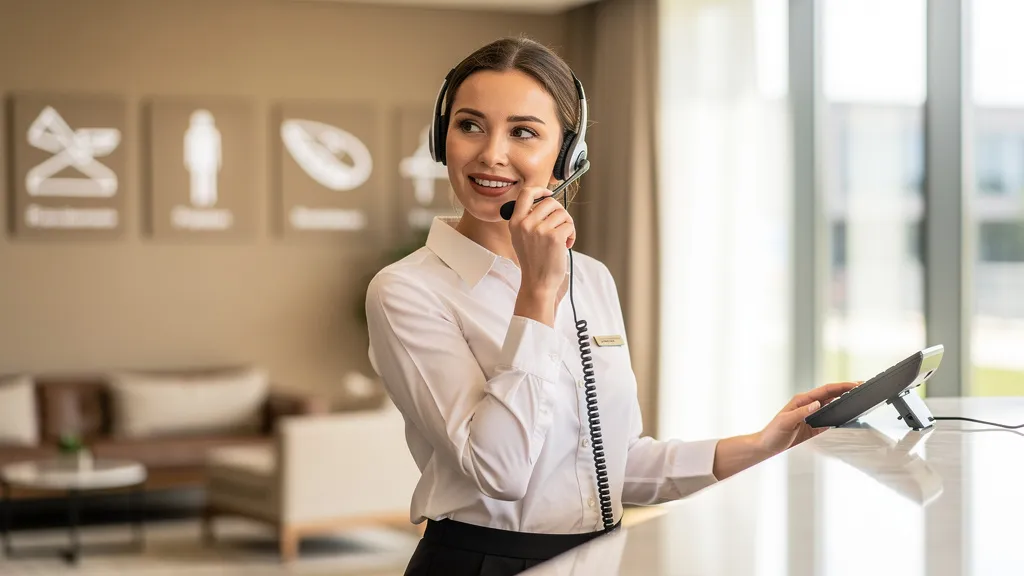 Hotelrezeptionistin nimmt am Empfang einen Telefonanruf eines internationalen Gastes entgegen