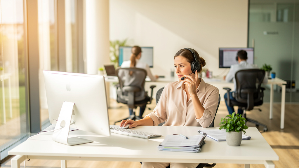 Mitarbeiterin mit Headset sichert die Erreichbarkeit Hausverwaltung im Sommerbüro