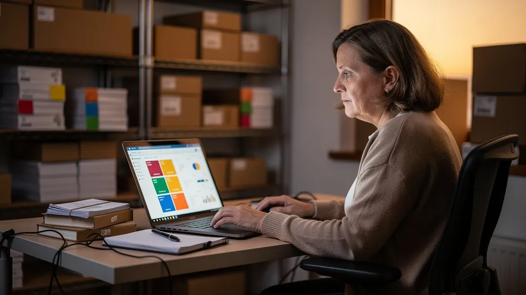 Onlineshop-Betreiberin prüft KI im E-Commerce am Laptop: Produktdaten, Empfehlungen und Retouren im Lager