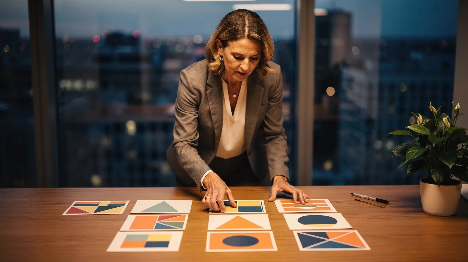 KI und Kreativität: Marketingleiterin sortiert abstrakte Design-Karten in drei Gruppen auf einem Schreibtisch im Abendlicht