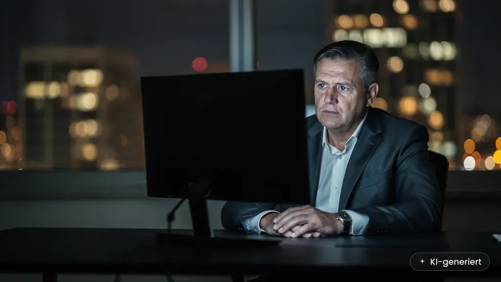KI-Psychose: nachdenklicher Geschäftsmann sitzt abends allein vor dem Bildschirm im dunklen Büro (KI-generiertes Bild)