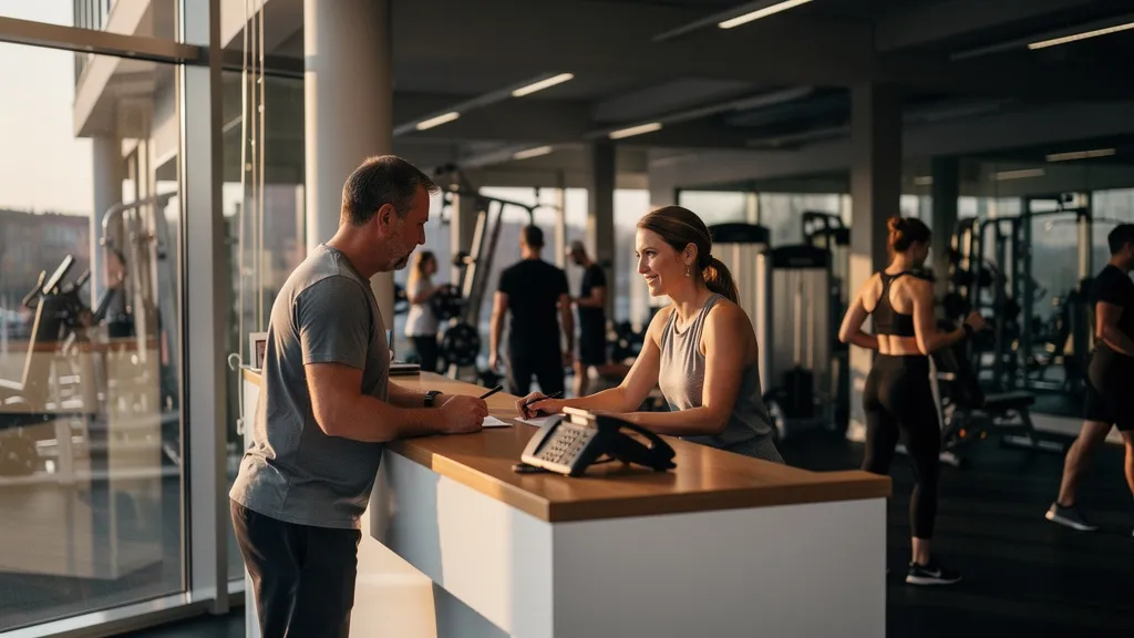 Verpasste Anrufe im Fitnessstudio zur Abend-Stoßzeit: Telefon klingelt am Empfang, während Mitglieder am Tresen warten