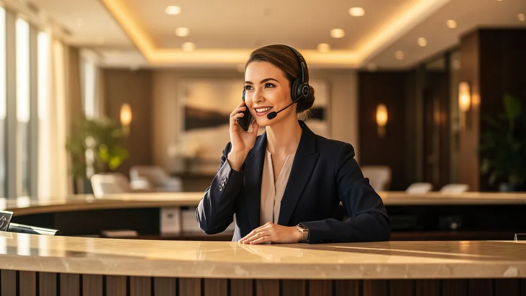 KI Telefonassistent Hotel DSGVO: Rezeptionistin nimmt am Empfang einen Gästeanruf entgegen
