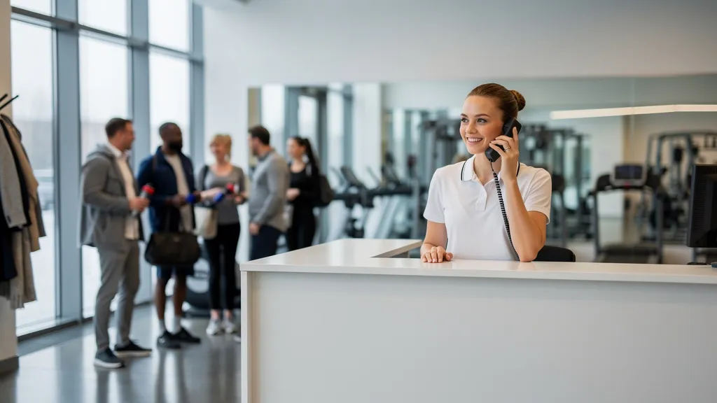 Empfangstresen eines Fitnessstudios im Januar, Mitarbeiterin telefoniert während mehrere Interessenten anstehen