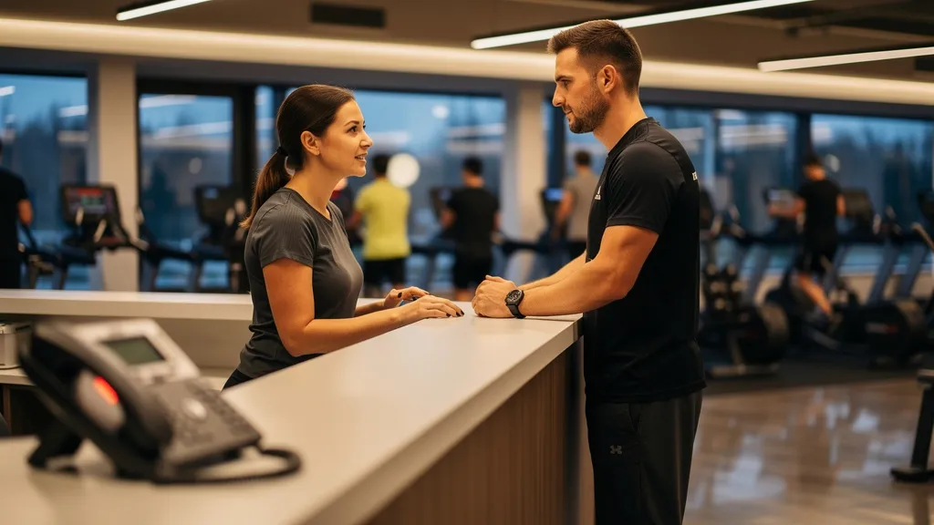 Empfangskraft im Fitnessstudio in der Abend-Stoßzeit, während Probetraining-Anfragen am Telefon eingehen