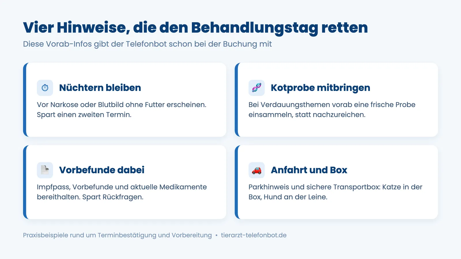 Vier Vorab-Infos für die Vorbereitung auf den Tierarztbesuch: nüchtern, Kotprobe, Vorbefunde, Transport