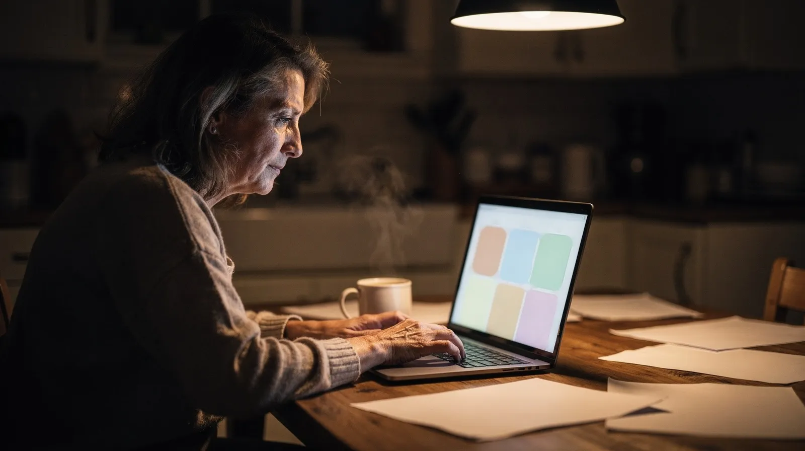 Dienstplan mit KI: Pflegedienstleiterin plant Schichten am Sonntagabend am Laptop