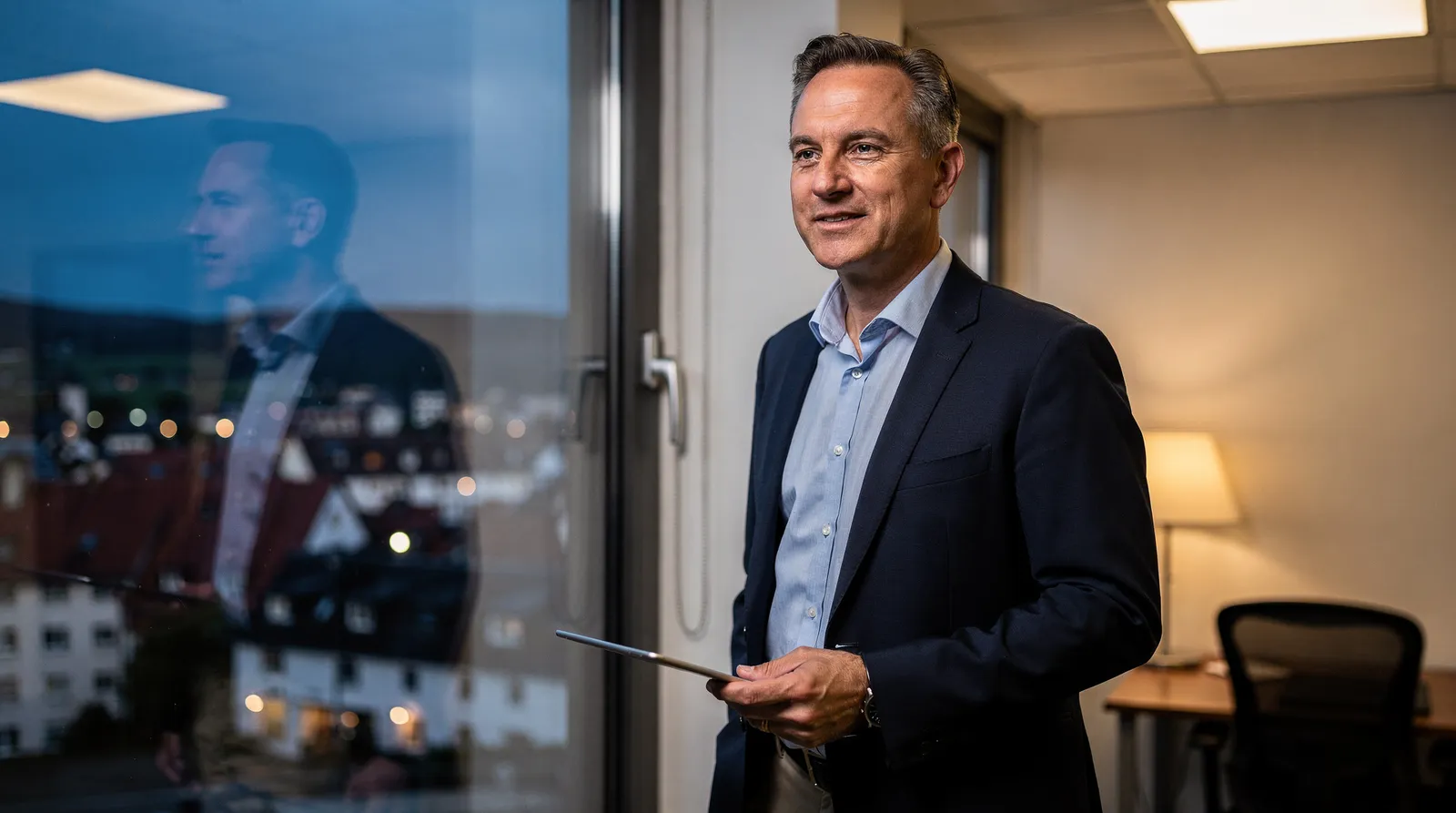KI-Disruption Mittelstand: Geschäftsführer eines KMU blickt abends aus dem Büro und plant den Kurswechsel