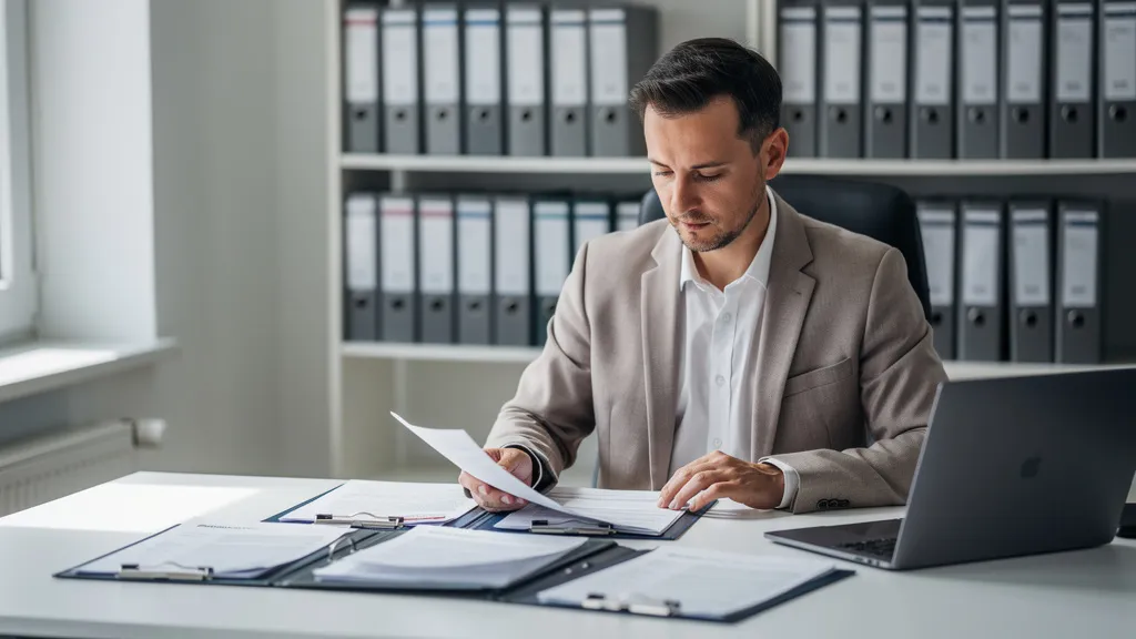 Sachbearbeiterin einer Hausverwaltung prüft DSGVO-konform Mieterakten am Schreibtisch im Büro