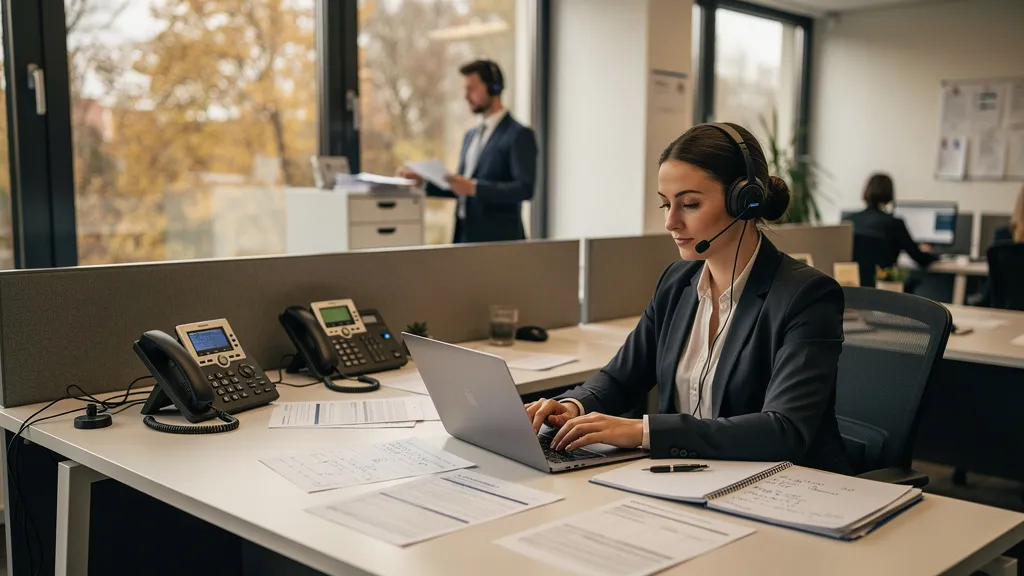 Versicherungsmaklerin im Büro mit klingelnden Telefonen in der Kfz-Wechselsaison rund um den 30. November