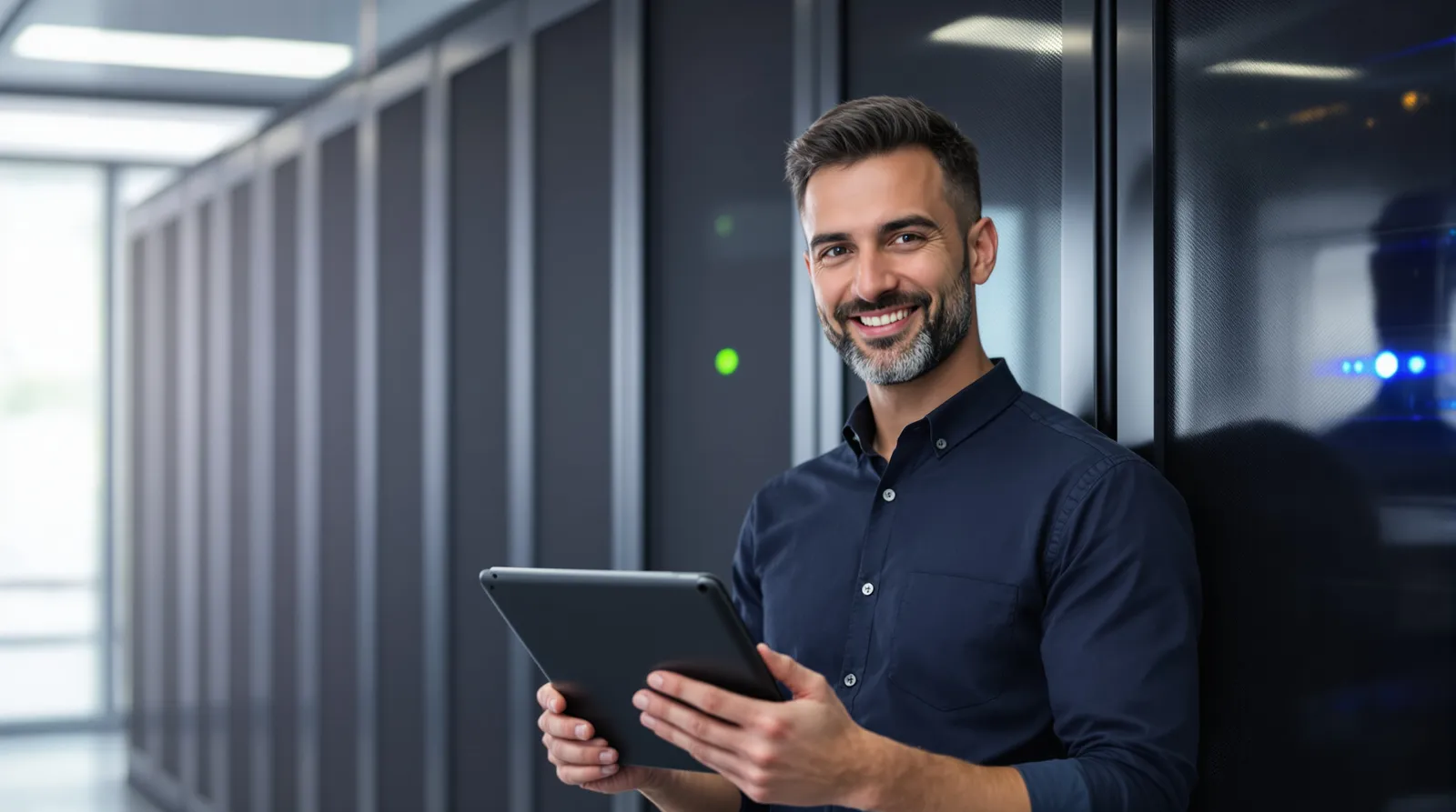 IT-Verantwortlicher mit Tablet vor Server-Racks im eigenen Serverraum: Edge-KI läuft on-premise statt in der Cloud