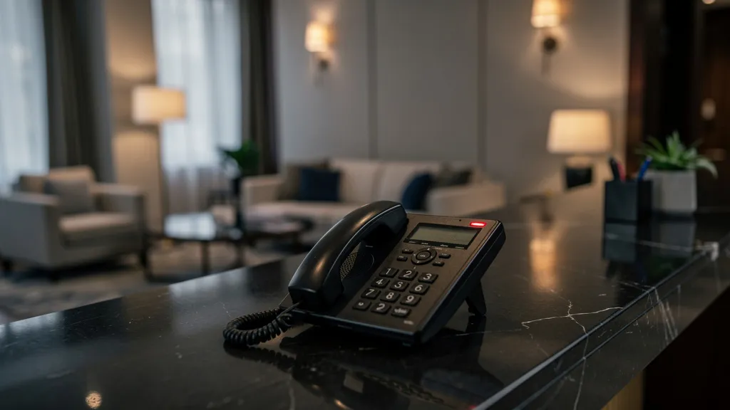 Unbeantwortetes Telefon an einer leeren Hotelrezeption