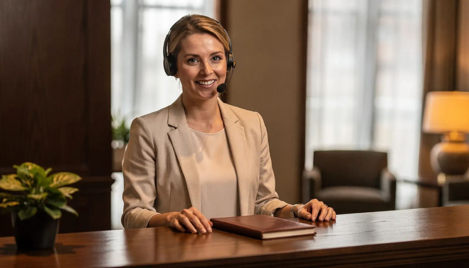 KI-Telefonassistent Hotel: Rezeptionistin nimmt am Empfang einen Anruf entgegen, Vergleich zum klassischen Telefonservice