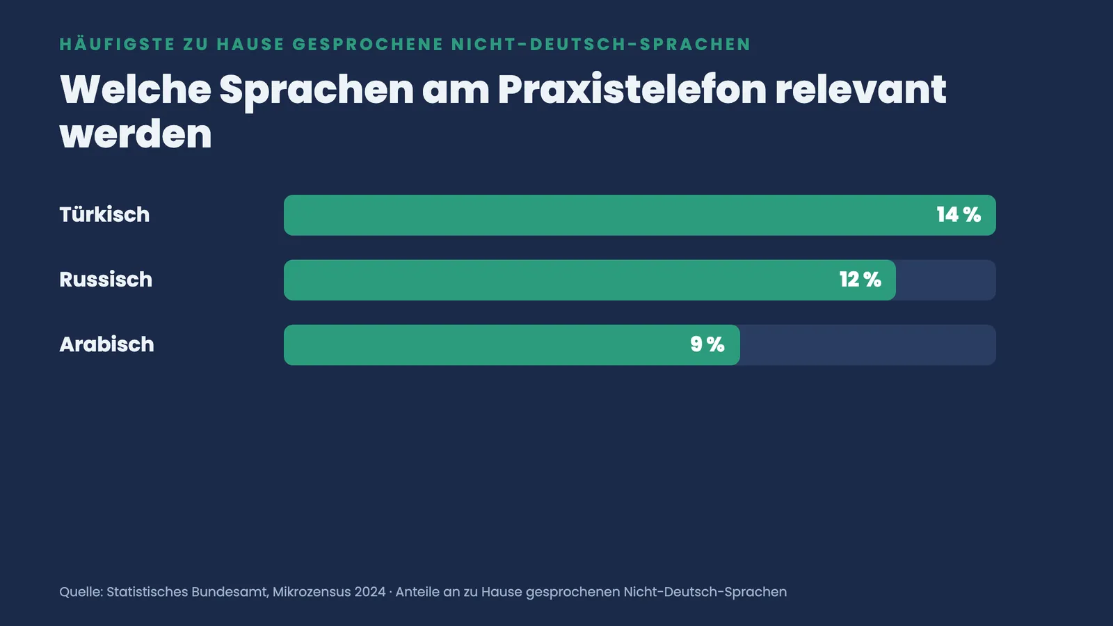 Balkenranking der häufigsten Nicht-Deutsch-Sprachen zu Hause: Türkisch 14 %, Russisch 12 %, Arabisch 9 %