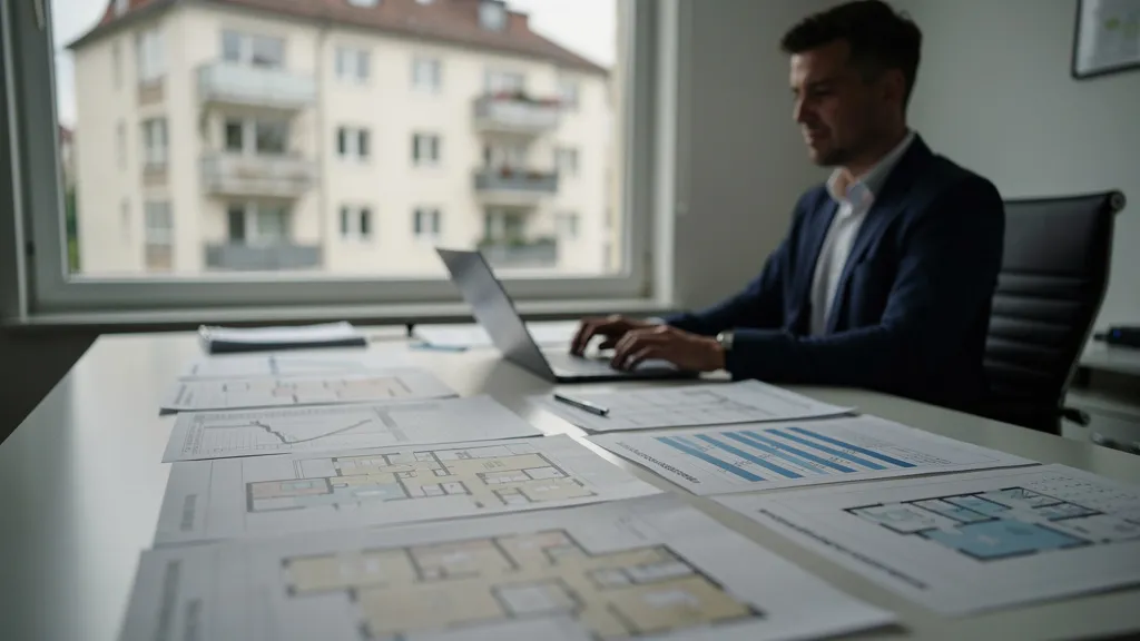 Hausverwalterin prüft Instandhaltungsrücklage und Sanierungsplan eines Wohngebäudes anhand von Daten und Bauteilliste