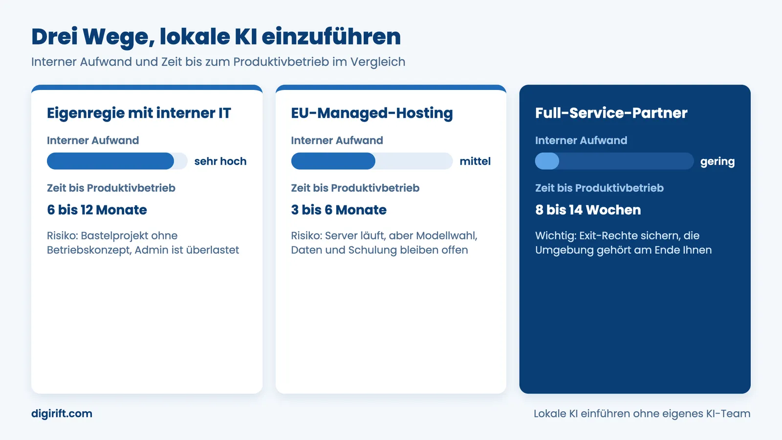 Lokale KI einführen: drei Wege im Vergleich von Eigenregie bis Full-Service-Partner