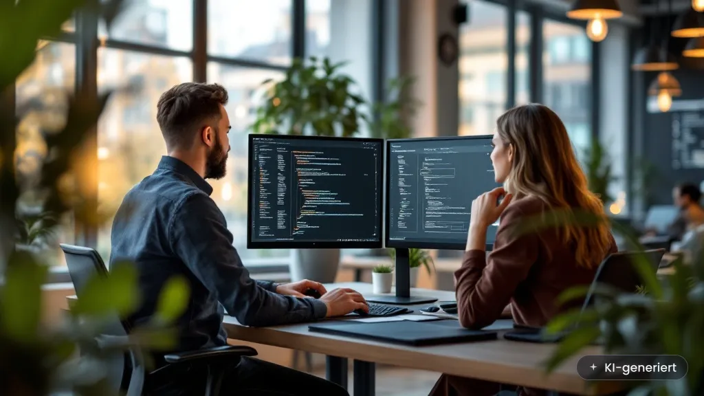 Team einer KI-Agentur arbeitet mit Claude am Bildschirm an einer Softwarelösung (KI-generiertes Bild)