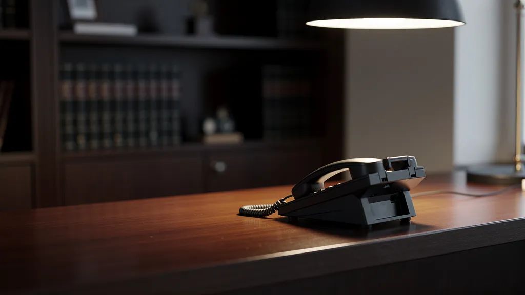 Notariat 24/7 erreichbar: Empfangstelefon einer Notarkanzlei am Abend mit eingeschalteter Tischlampe