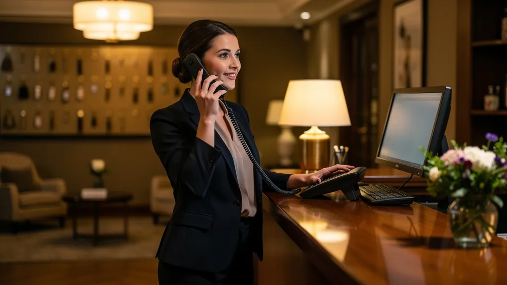 Telefon Buchungskanal Hotel: Rezeptionistin nimmt am Empfang einen Buchungsanruf entgegen