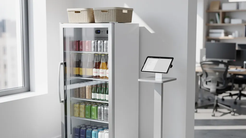 Kann KI ein Unternehmen führen: kleiner Laden mit Kühlschrank und Tablet im Büro