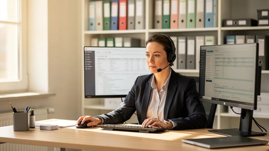 Steuerberaterin am Telefon in einer Kanzlei, Notizen und Bildschirm mit Mandantenakte im Blick