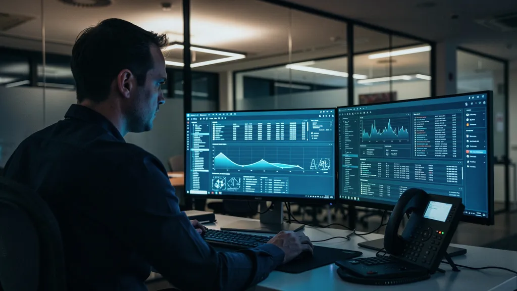 Autonome Cyberangriffe: KI-Sicherheitsanalyst prüft nachts ein Angriffs-Dashboard im Büro