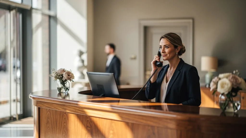 Hotelempfang mit ruhig telefonierender Rezeptionistin am Hörer, professioneller erster Eindruck am Telefon im Hotel