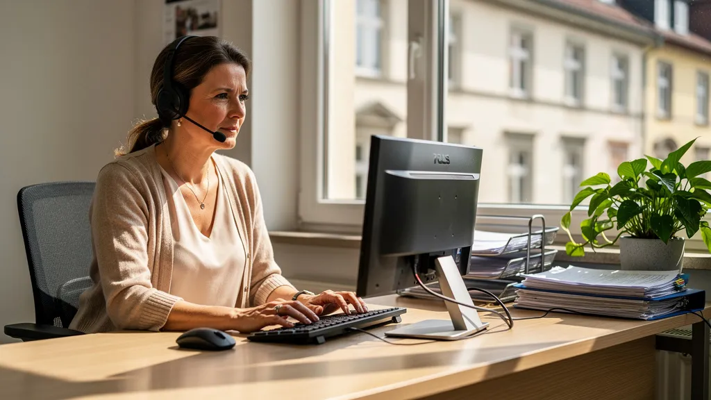 Gesprächsnotizen Hausverwaltung: Mitarbeiterin dokumentiert ein Mietertelefonat digital am Arbeitsplatz