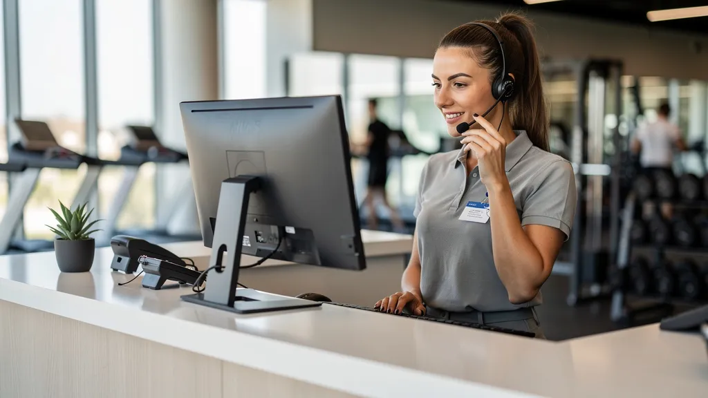 Empfangsmitarbeiterin im Fitnessstudio telefoniert am Tresen, Symbol für Datenschutz bei der Telefonie mit Mitgliederdaten